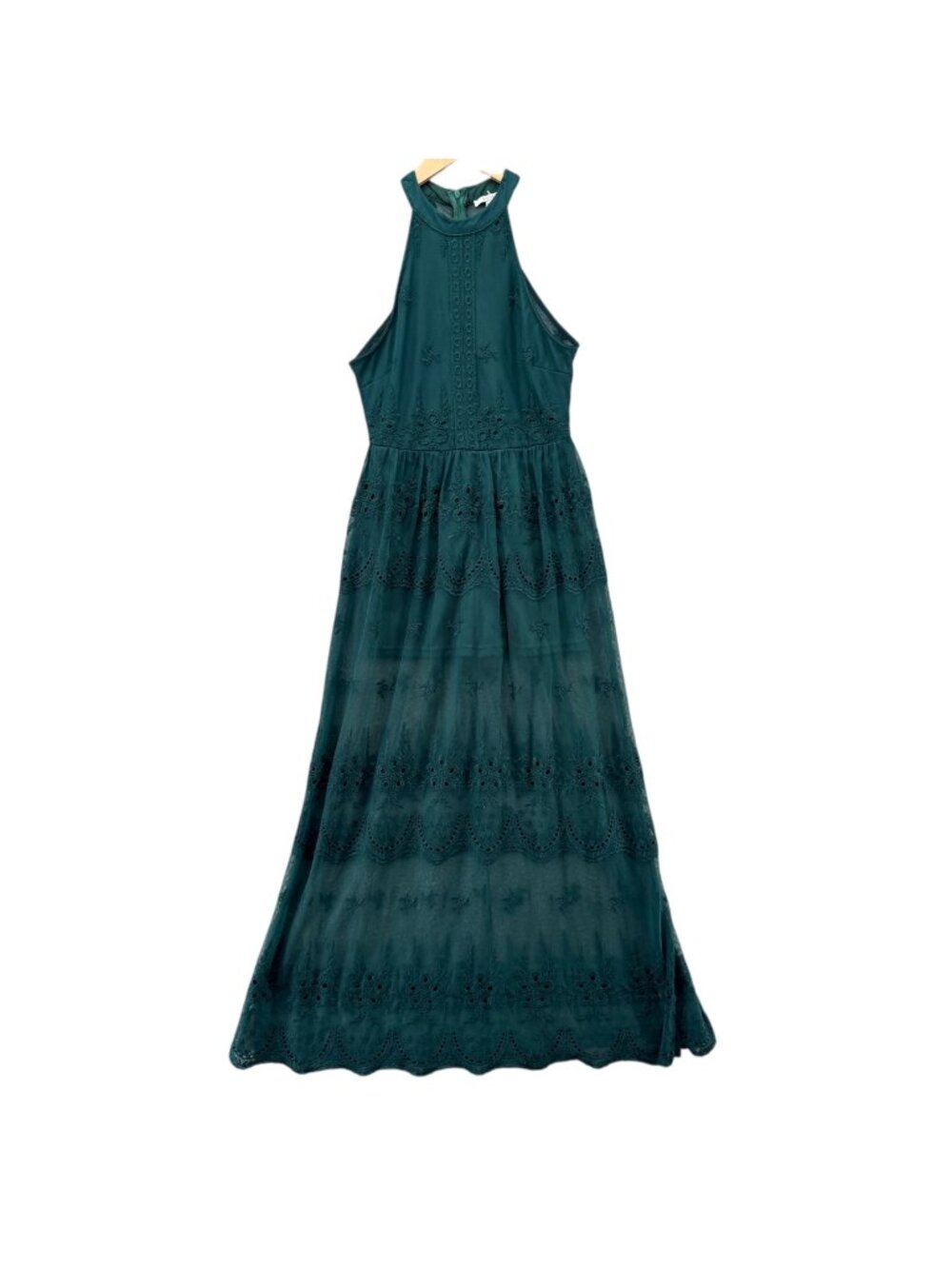 Blashe Maxi Halter Dress Womens Dark Green Mesh Embroidered Eyelet Lined Size M